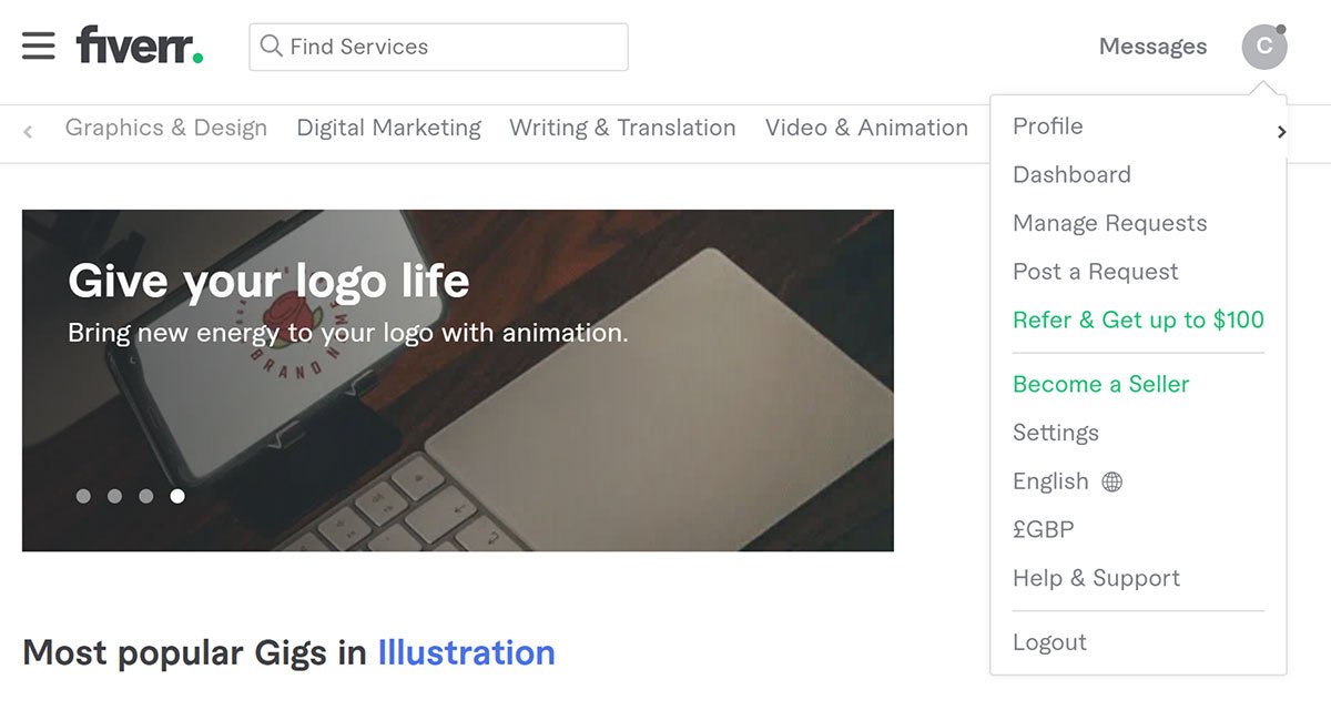 Fiverr profile menu showing the option to become a seller.