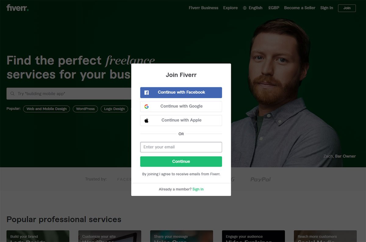 Fiverr home screen showing the option to join in different ways.