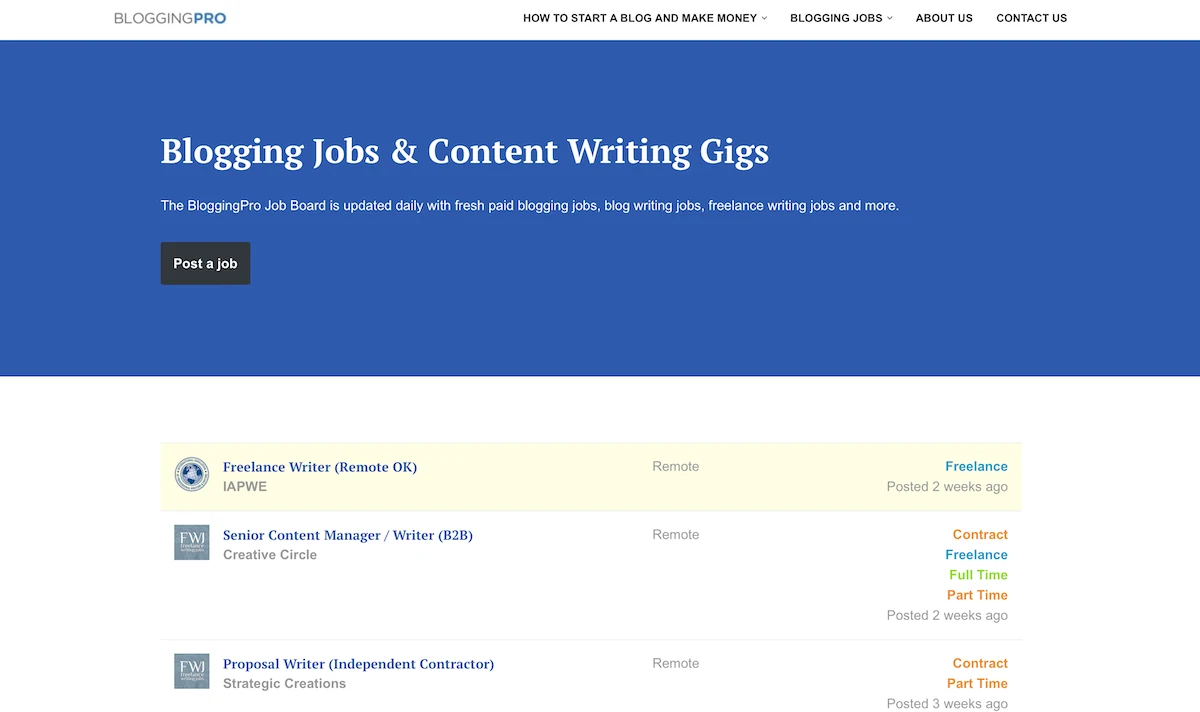 BloggingPro home page showing the available jobs for freelance writers.