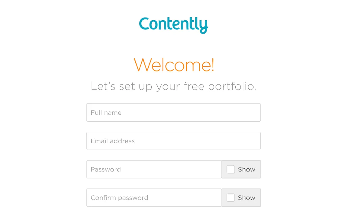 Contently free portfolio maker signup screen.