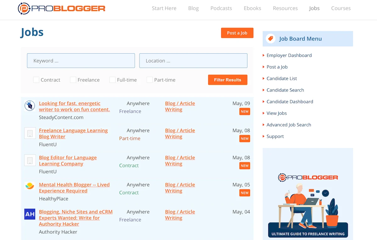 ProBlogger jobs page for freelance writers.