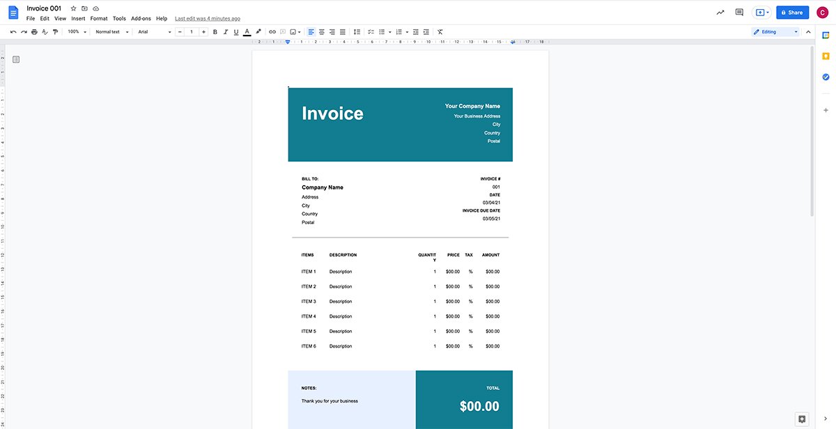 Google Docs invoice template page.