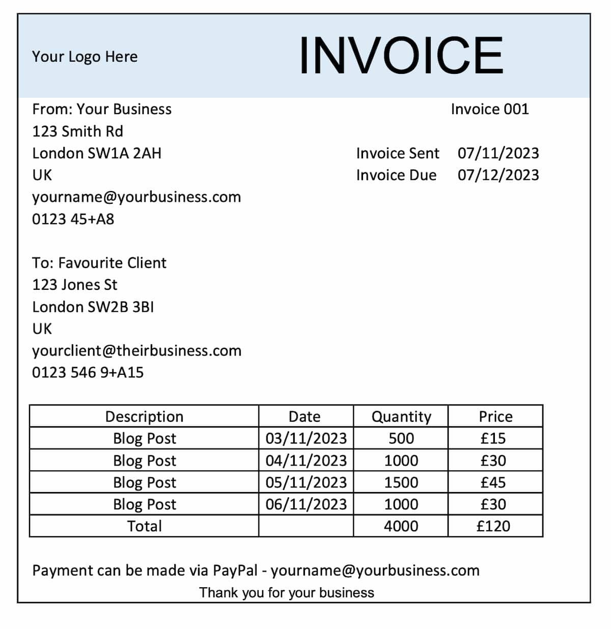 A freelance invoicing template created in Excel but saved as a PDF.