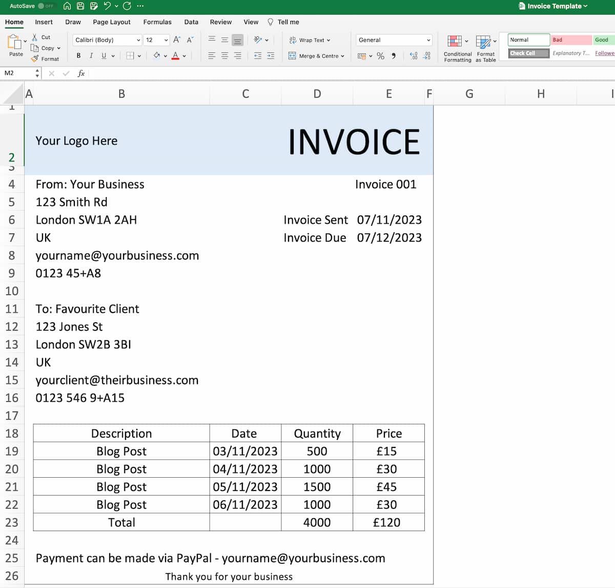 Creating a freelance invoice in Microsoft Excel from scratch, showing the various fields you need to fill in.