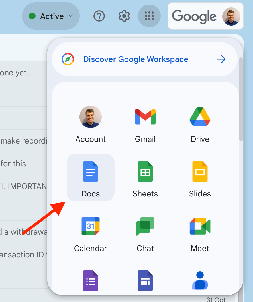 Arrow pointing to option to open Google Docs from Gmail screen.