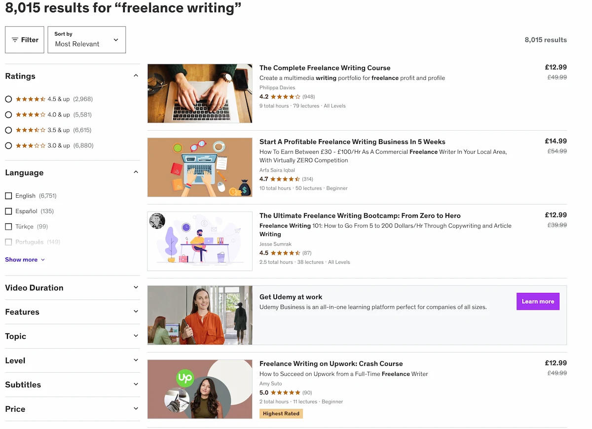 Udemy freelance writing courses.