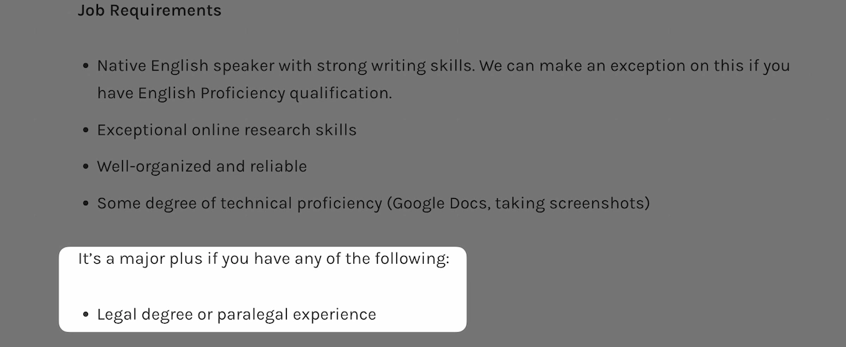 Freelance writing job advert that favors those with a legal degree.