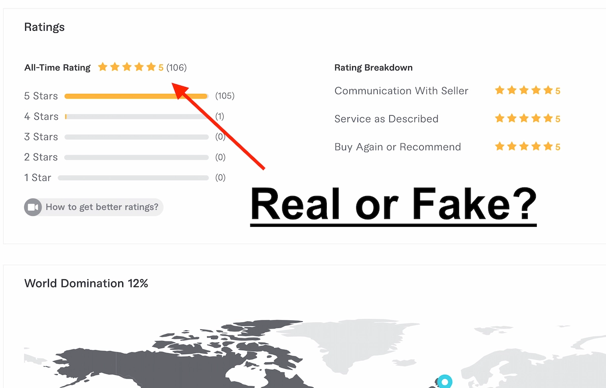 Fiverr reviews page showing 106 positive ratings, with text and an arrow asking if they're real or fake.