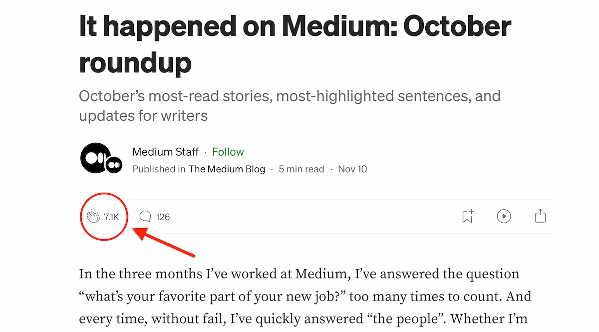 Medium roundup article with arrow pointing to a circle around the number of claps.
