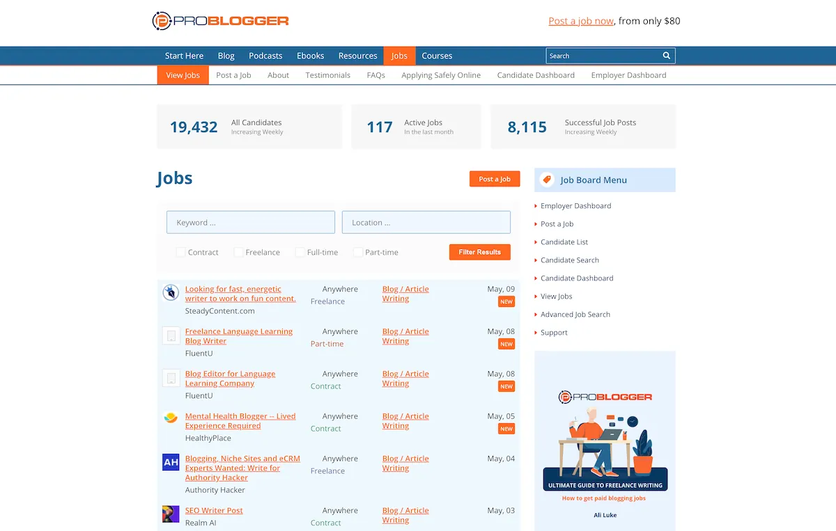 ProBlogger jobs page showing available jobs for freelance writers.
