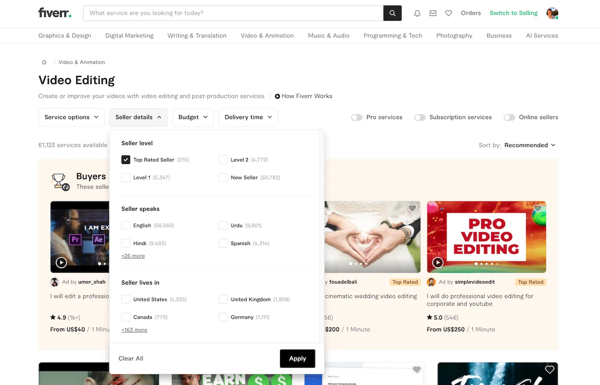 Fiverr buyer screen showing the ability to sort by seller level.