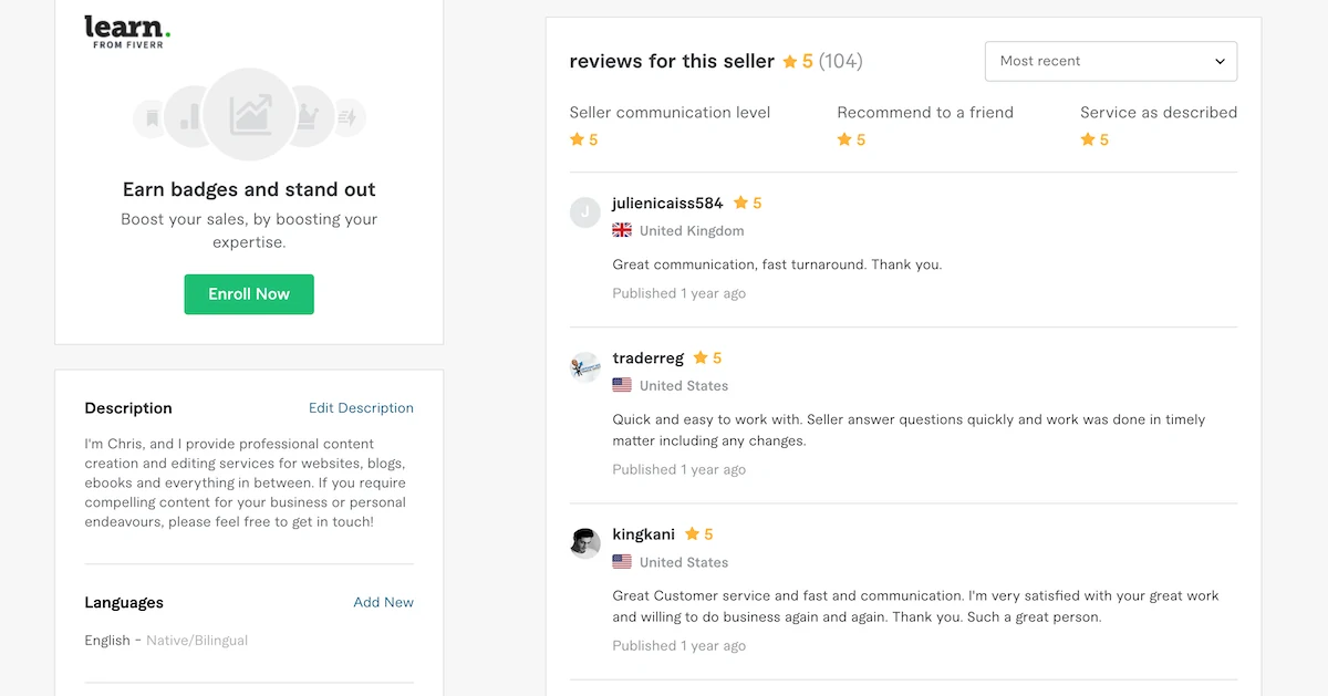 Fiverr seller reviews showing variety of them suggesting they are real and not fake. 