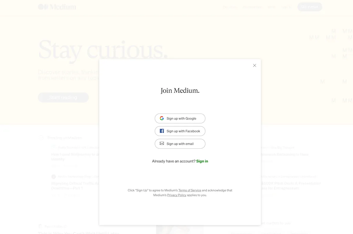 Medium home page with box showing options to sign up via Google, Facebook or email.