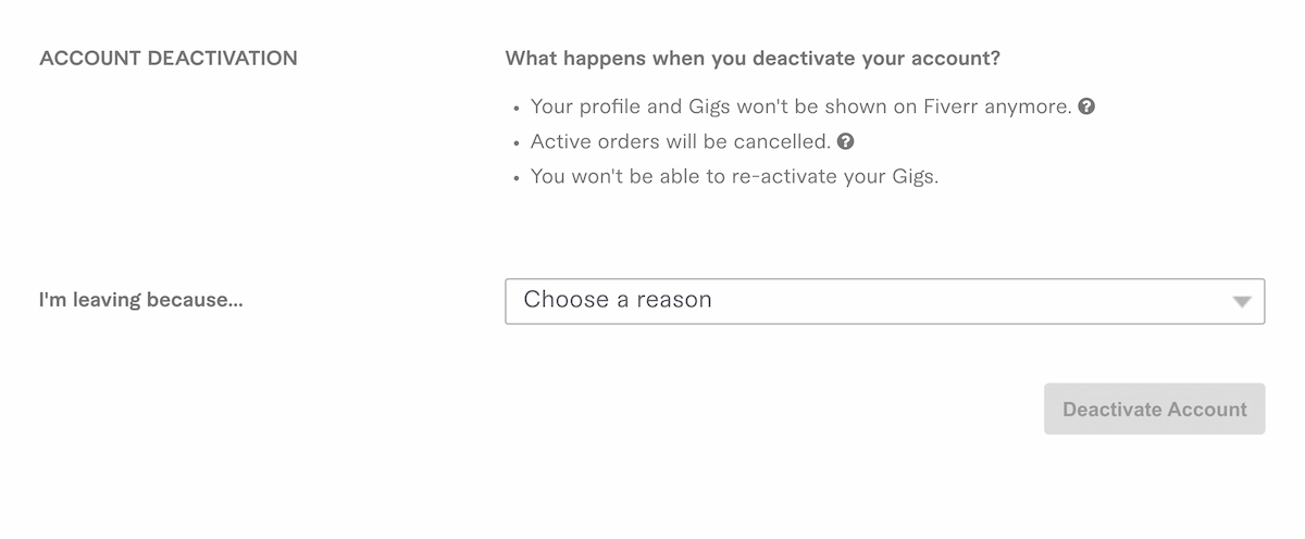 Fiverr account deactivation screen.