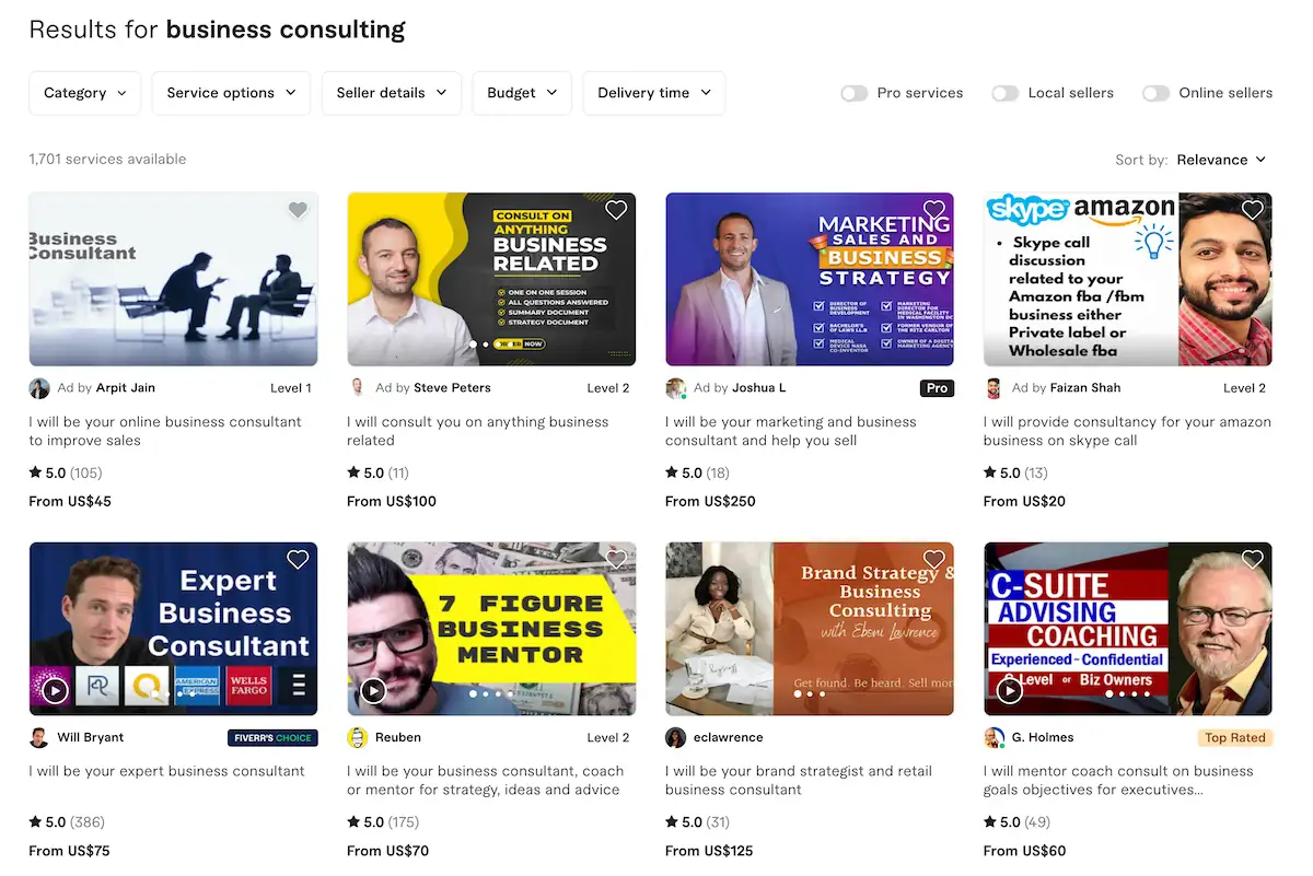 Fiverr search results for business consulting gigs. 