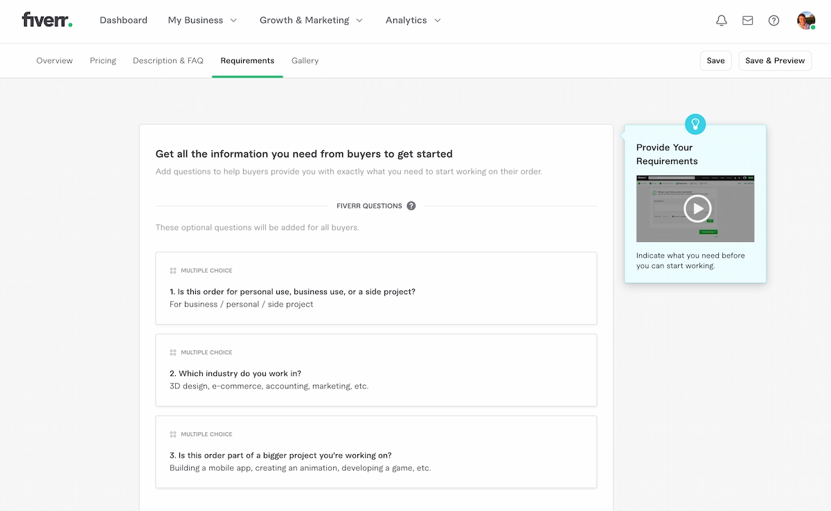 Fiverr gig requirements screen showing some examples.