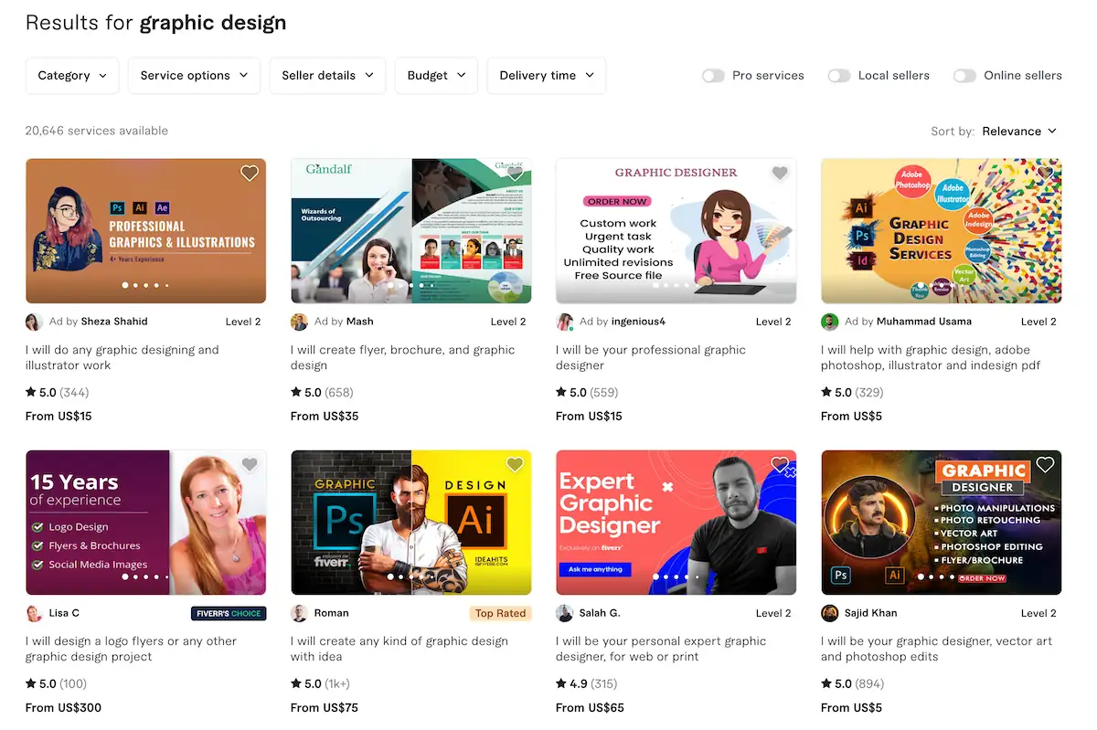 Fiverr search results for graphic designers.