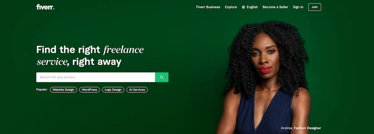 Fiverr home page showing example of a fashion designer and a way to search for services. 