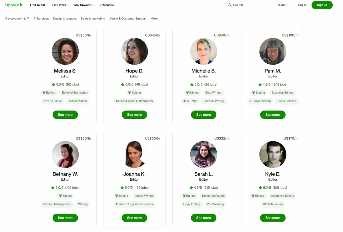 Freelance editors on Upwork showing their hourly rates.