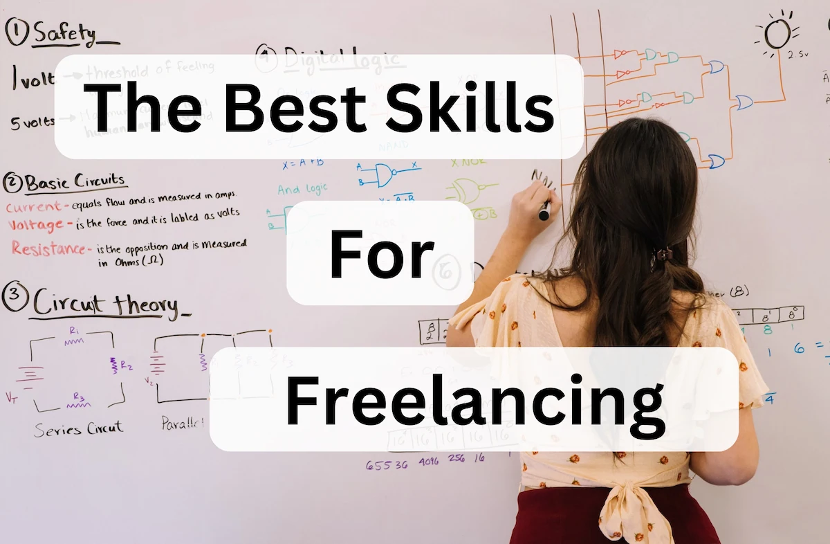 Someone working on a whiteboard with a text overlay that says The Best Skills For Freelancing