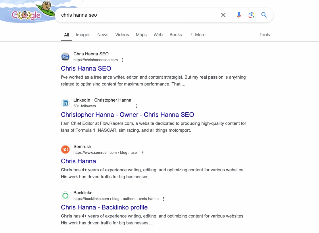 Google search results for Chris Hanna SEO.