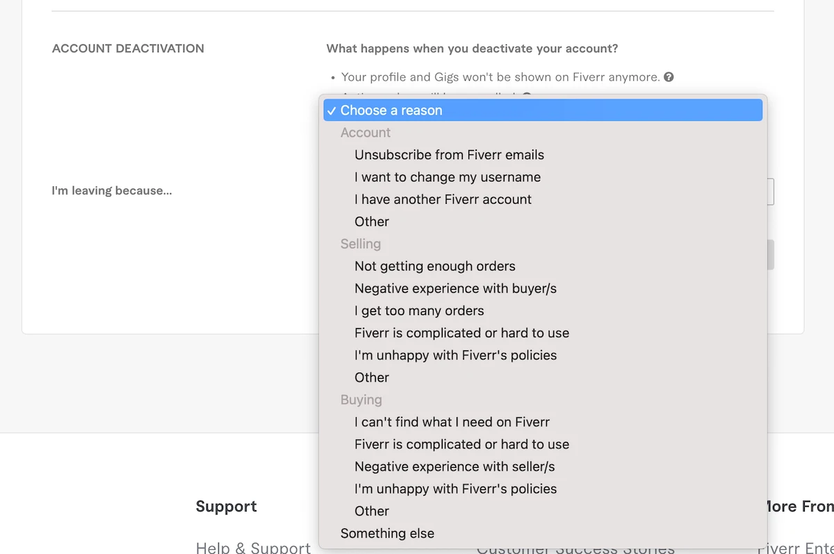 Fiverr account deactivation reason selection screen.