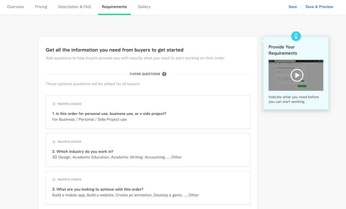 Fiverr gig requirements page showing the default questions.