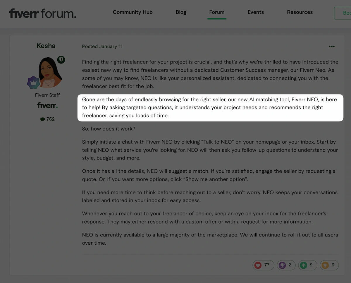 Fiverr forum post about the introduction of AI matchmaking for freelancers and clients.