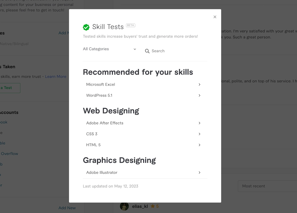 Fiverr skill test recommendation screen.