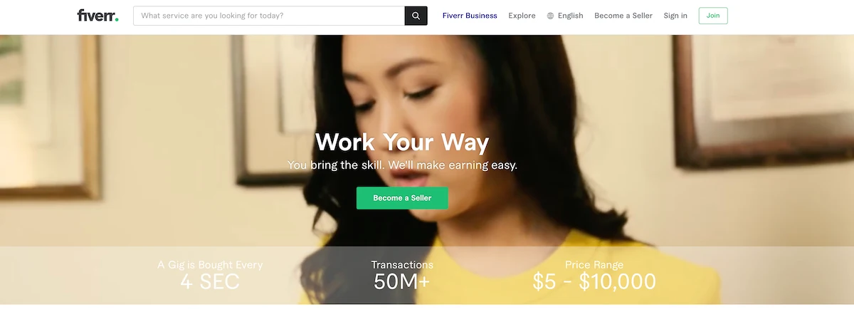 Fiverr home page showing a button to become a seller on the platform. 