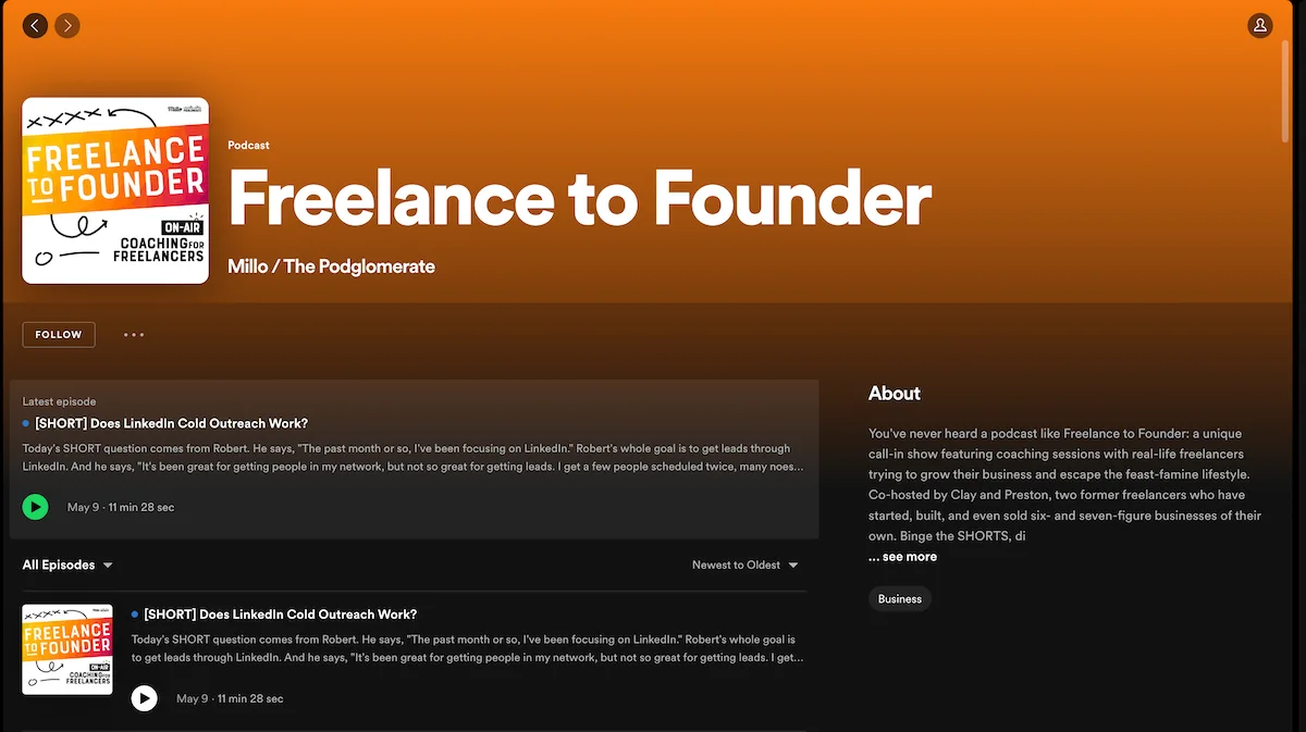 Freelance to Founder podcast screen on Spotify.