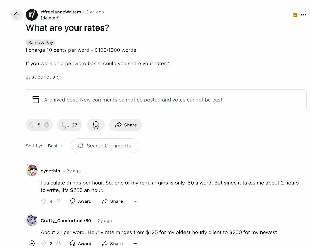 Freelance writing rates discussion on Reddit.