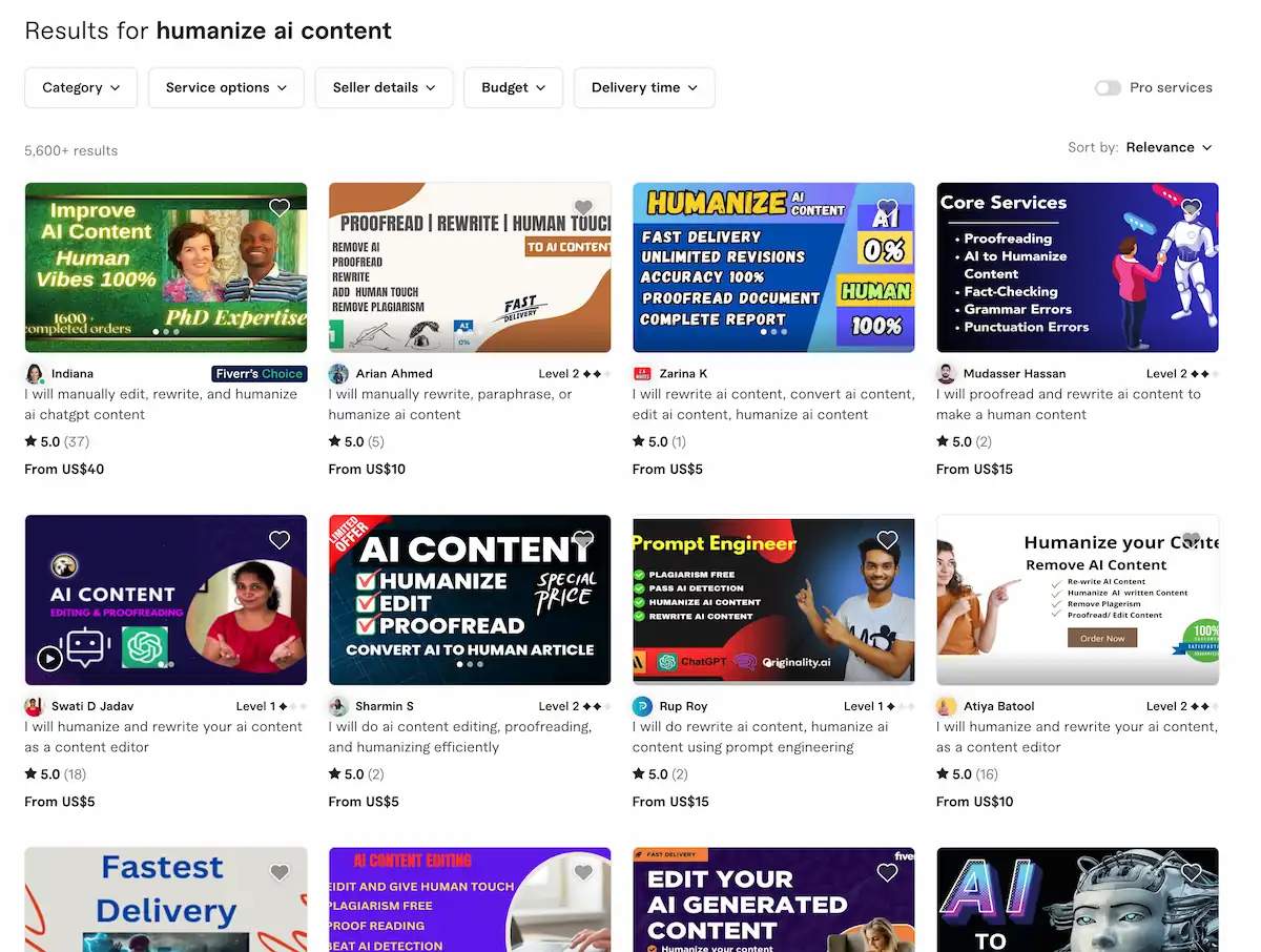 Fiverr gigs for humanizing AI content.