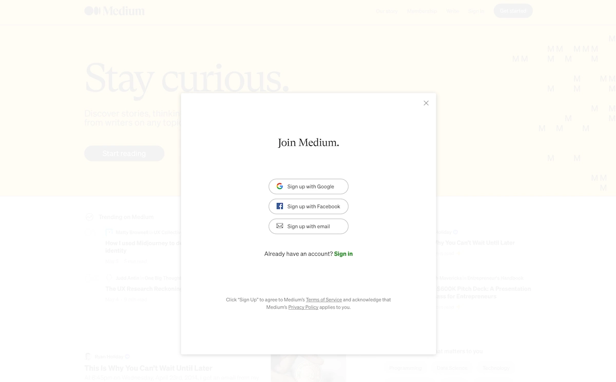 Medium home page showing the option to join the platform.