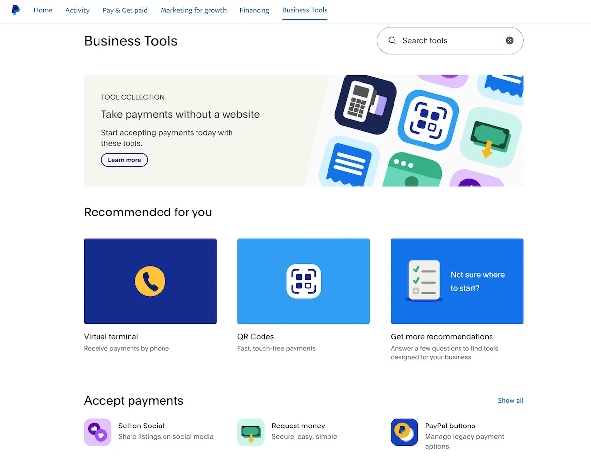 PayPal business tools screen.