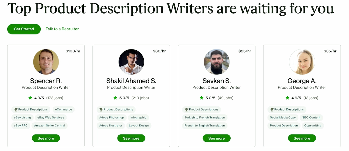 Examples of hourly rates for product description writers on Upwork.