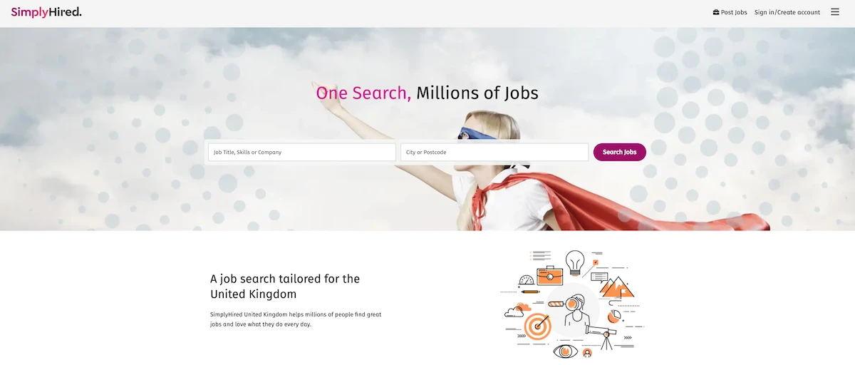 SimplyHired freelance marketplace home page.