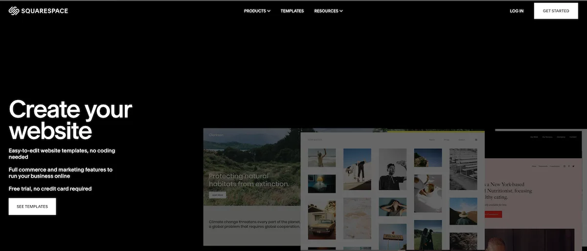 Squarespace website builder home page.