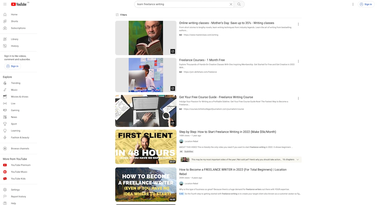YouTube search results screen for the term learn freelance writing.