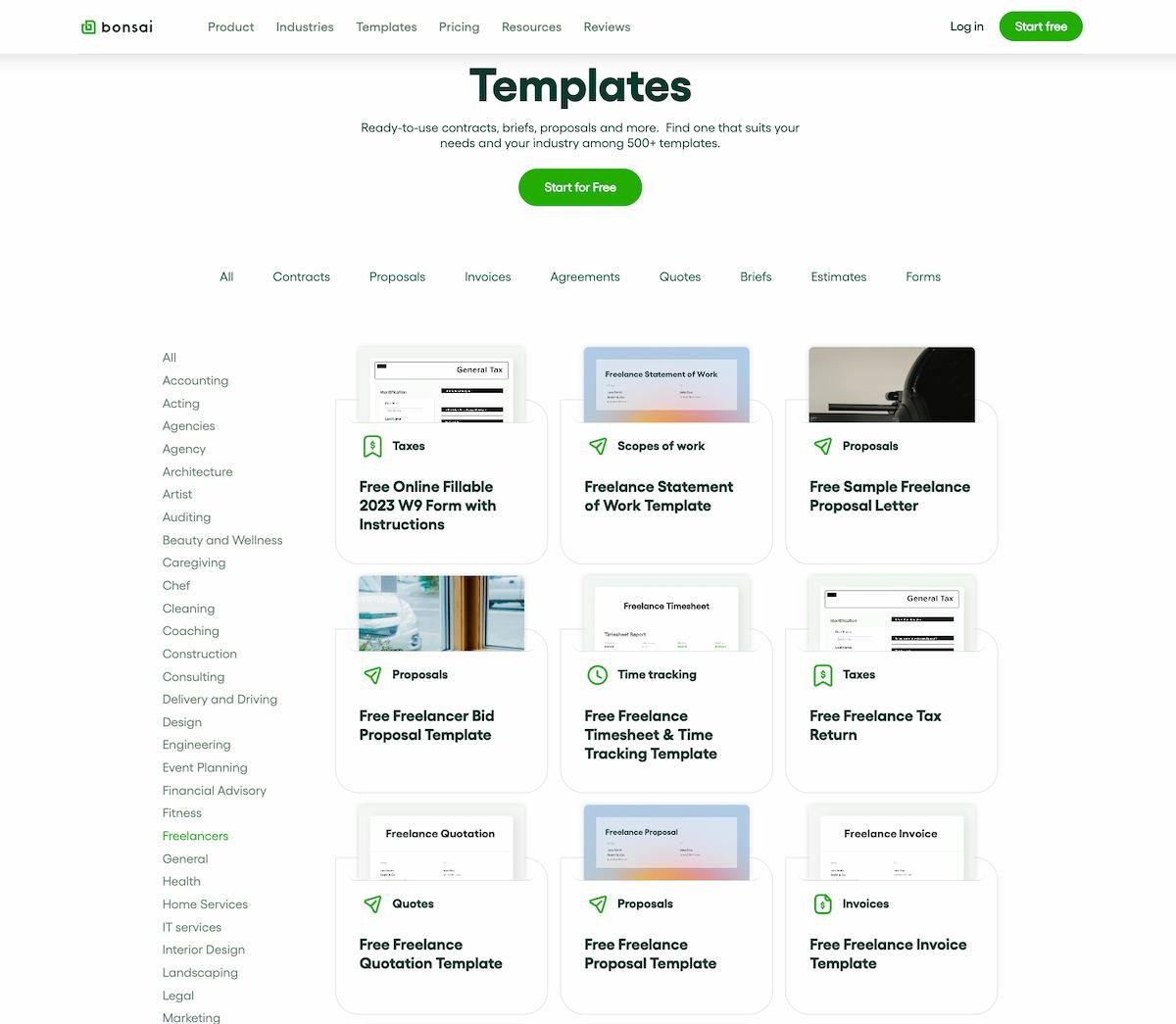 Bonsai templates page showing contract templates for freelancers.