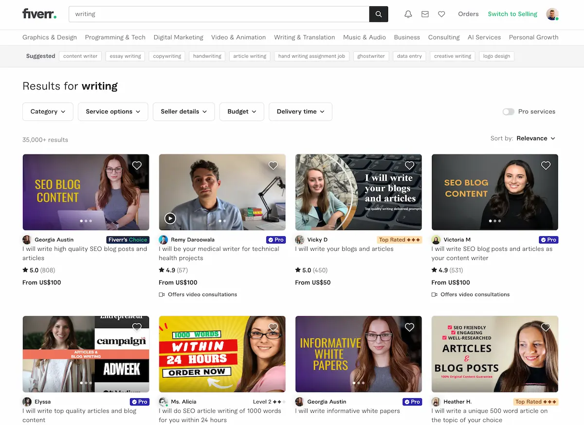 Fiverr writing services search results.