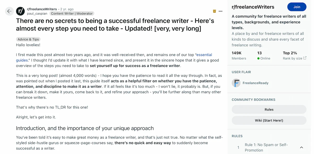 Freelance writing subreddit post about starting.