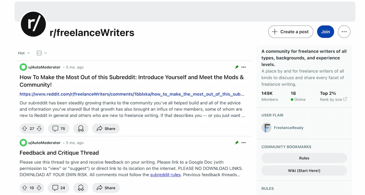 Freelance writing subreddit.