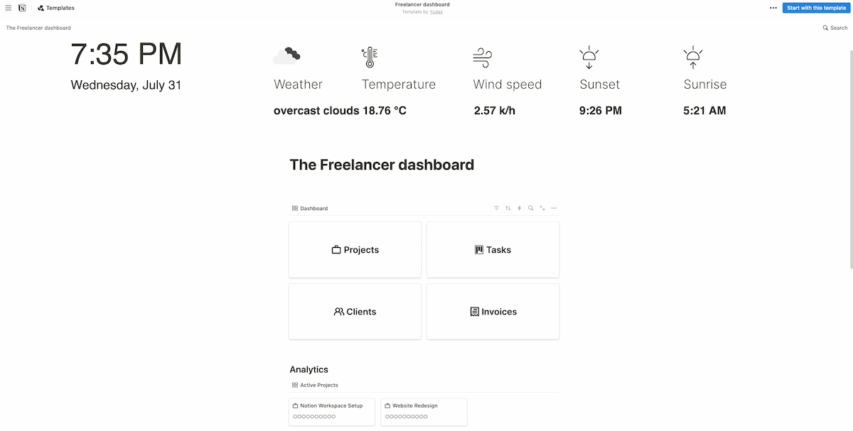 Yudax freelance dashboard on Notion.