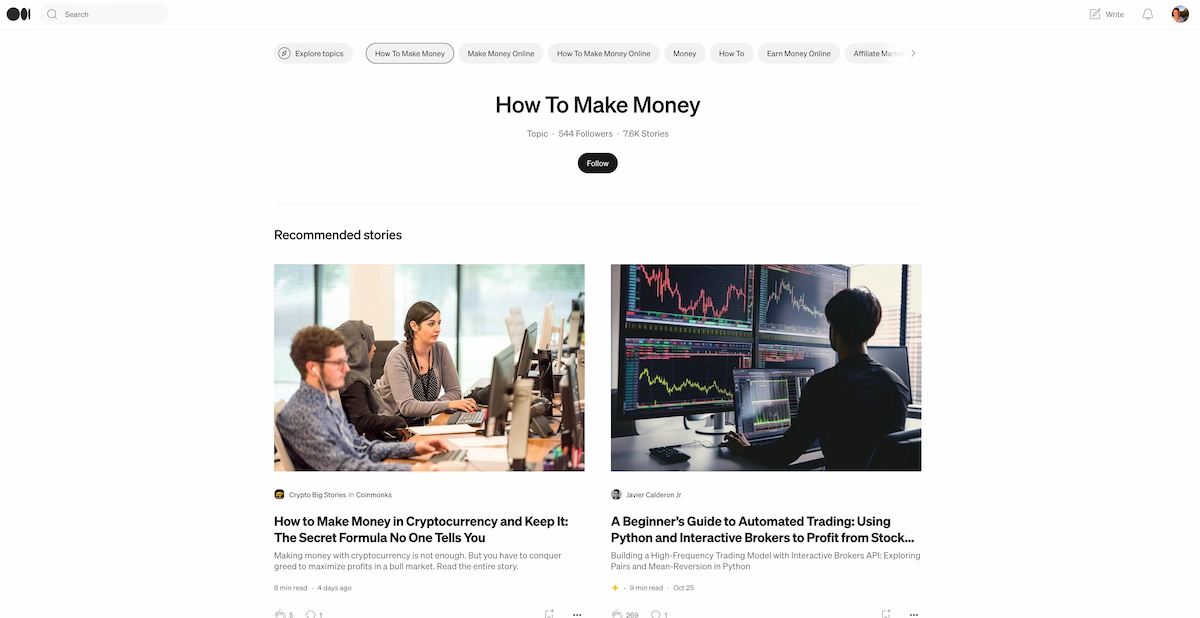 Examples of Medium articles on how to make money.