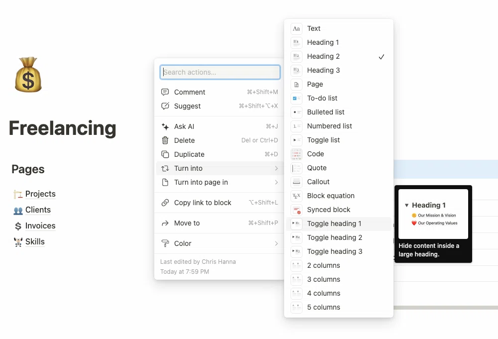 Notion formatting options.