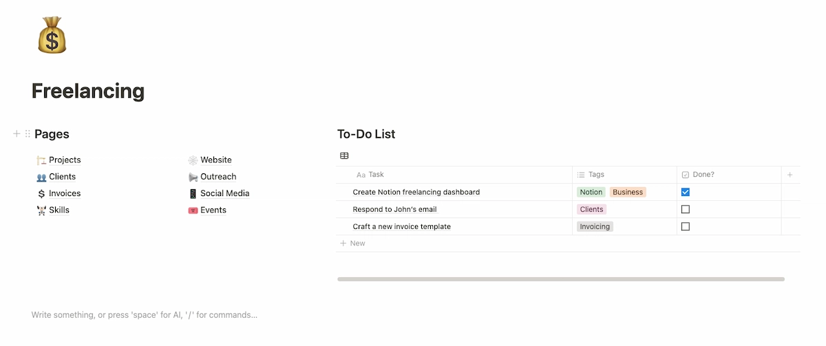 Notion freelance dashboard example.