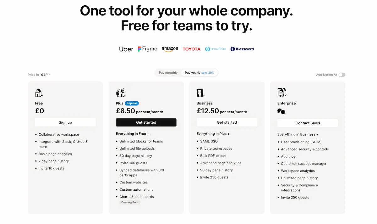 Notion pricing page.