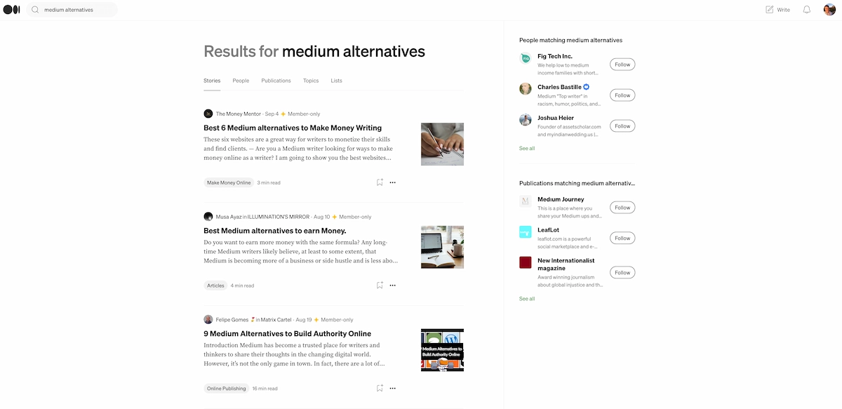 Medium search results page for Medium alternatives.