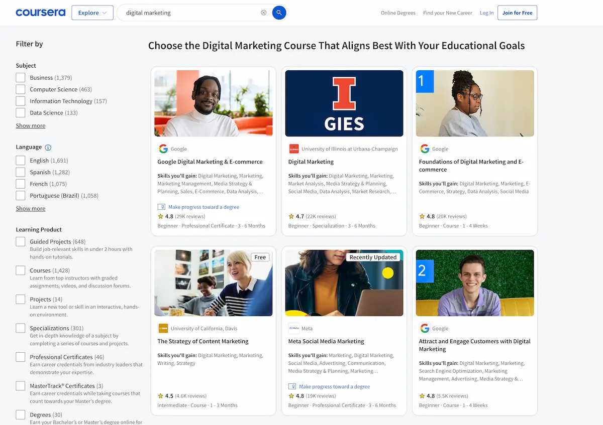 Digital marketing courses on Coursera.